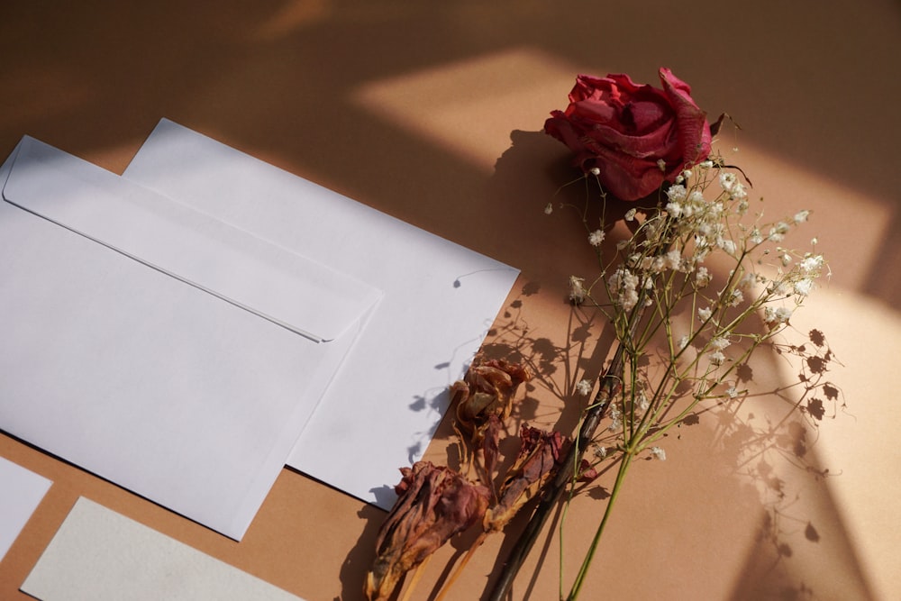 red rose bouquet beside white printer paper