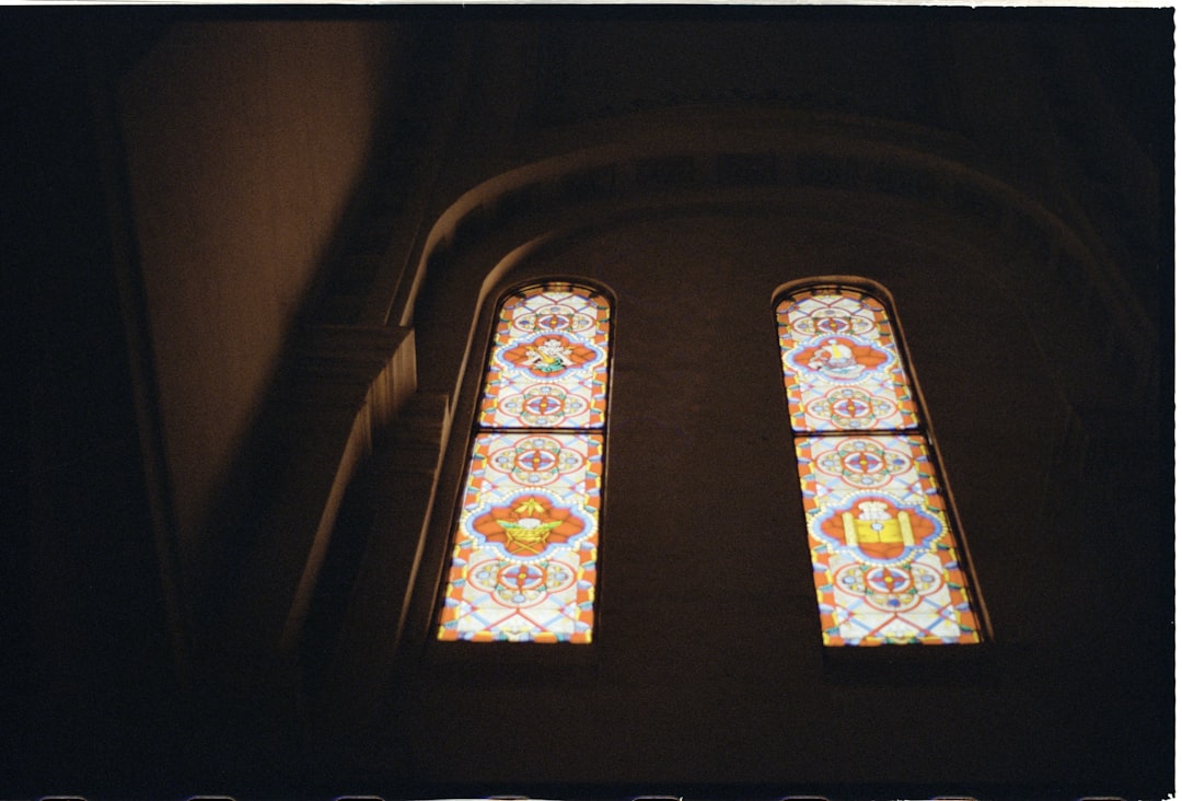 white blue and red floral glass window