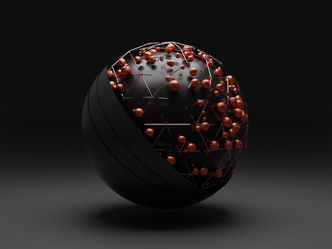 black and red christmas tree, 3d illustration of a sphere with lots of coffee-colored small balls hovering over it.
