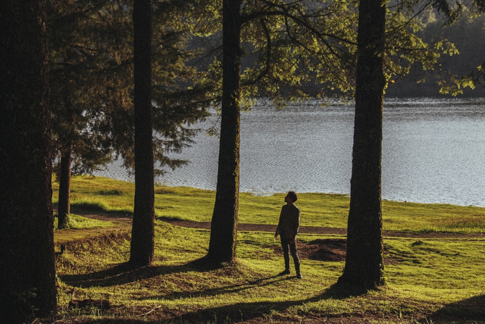 silhouette of man standing near body of water during daytime