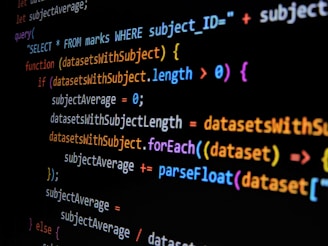 Lines of computer code are displayed on a dark background, featuring SQL and JavaScript syntax with colorful syntax highlighting. The code includes a SQL query and JavaScript function handling datasets.