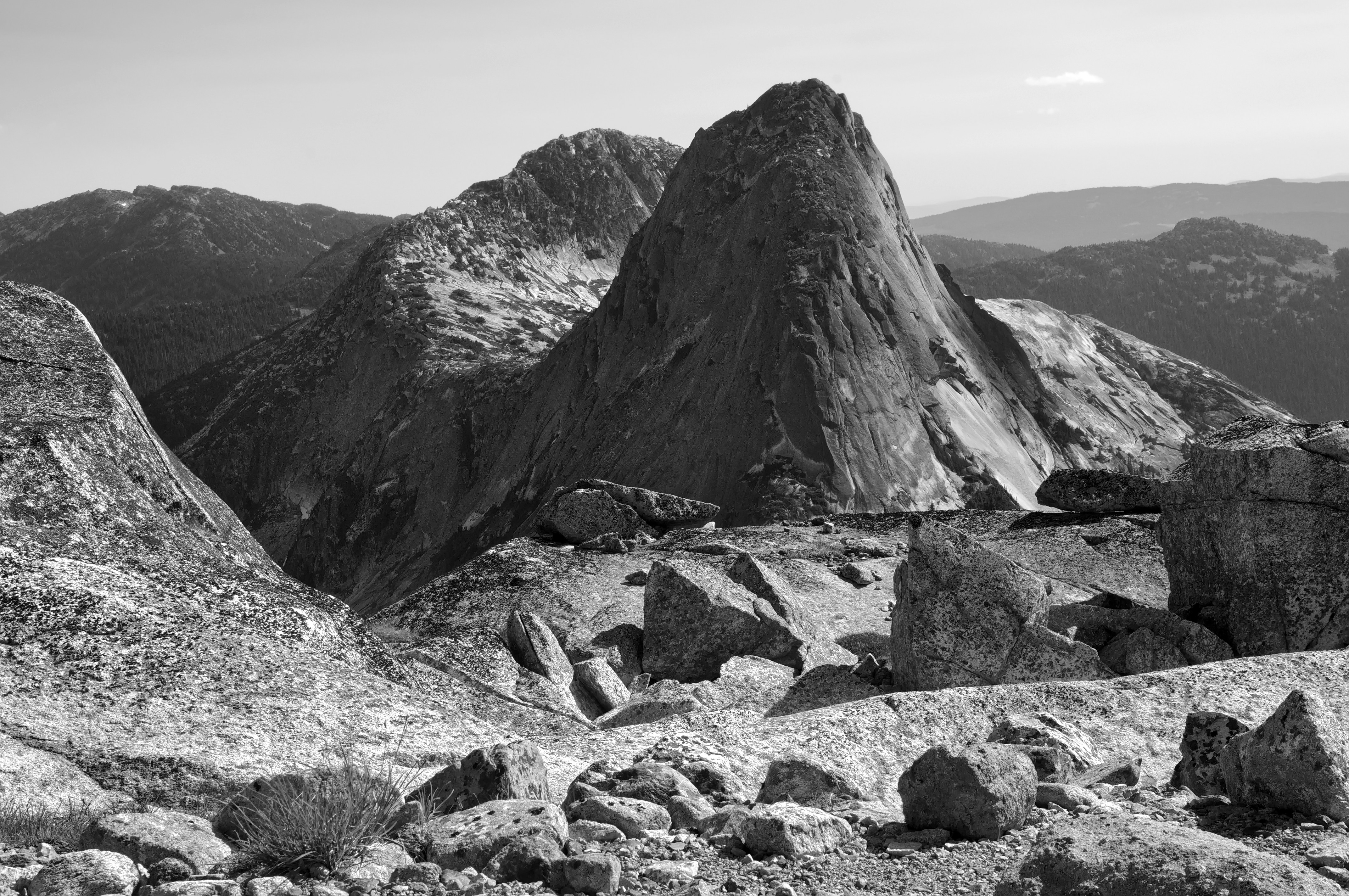 grayscale photo of rocky mountain