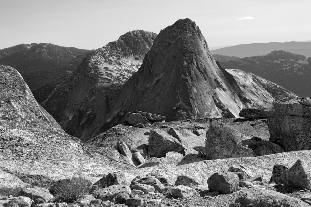 grayscale photo of rocky mountain