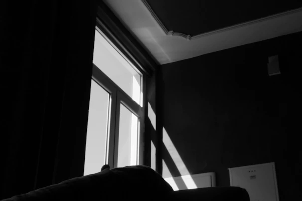 Intimate family moment captured by a window with charcoal gray shadows.