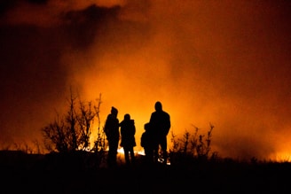 Silhouettes of four people stand against the backdrop of a large, intense orange fire. The flames illuminate the night, casting tall shadows and highlighting barren bushes in the foreground.