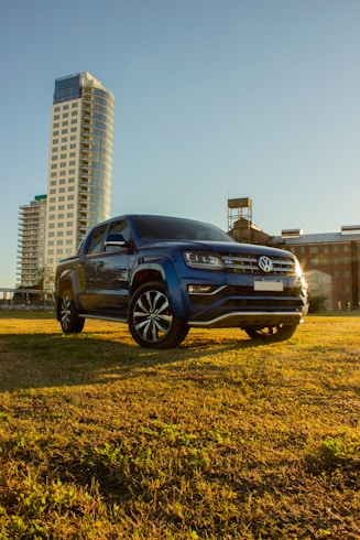 blue chevrolet car on green grass field during daytime
