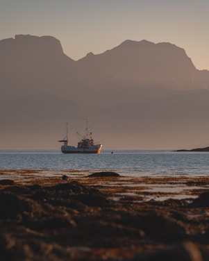 A serene fishing boat anchored near untouched Maldivian reefs at sunrise.