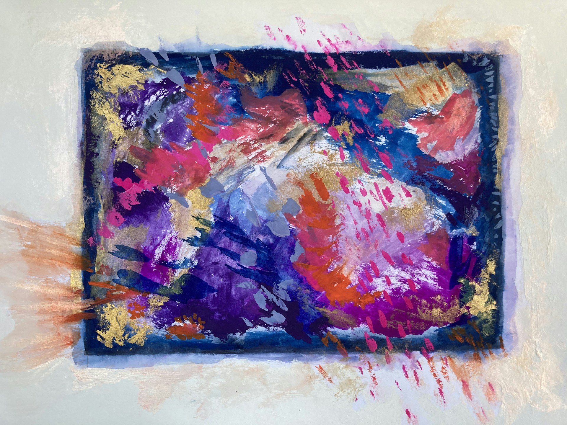 A colorful abstract painting featuring bold brushstrokes and dynamic shapes that invite viewers into Chloe's creative world.