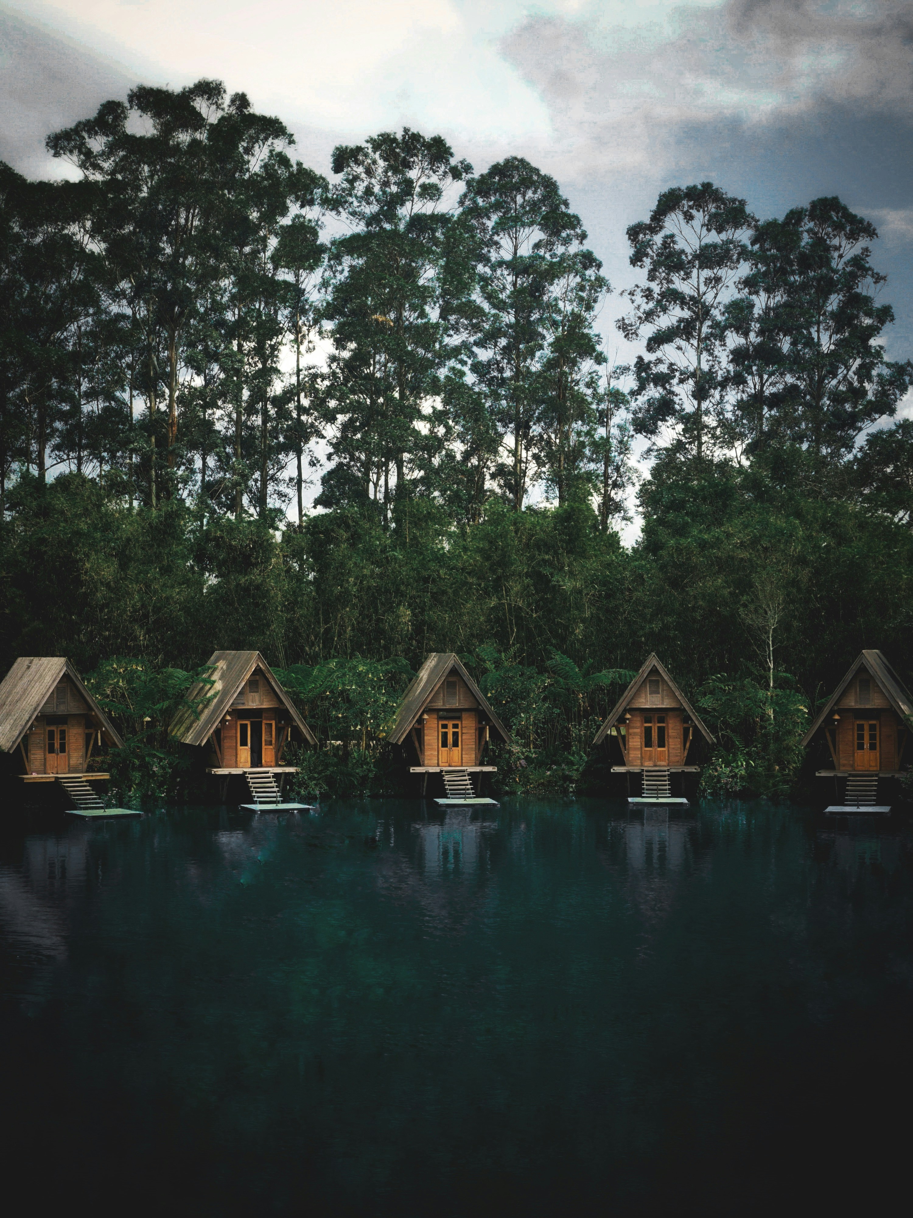 Rumah kayu coklat di danau yang dikelilingi oleh pepohonan di siang hari