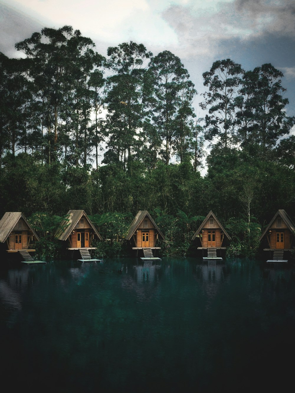 Casa de madera marrón en el lago rodeada de árboles durante el día