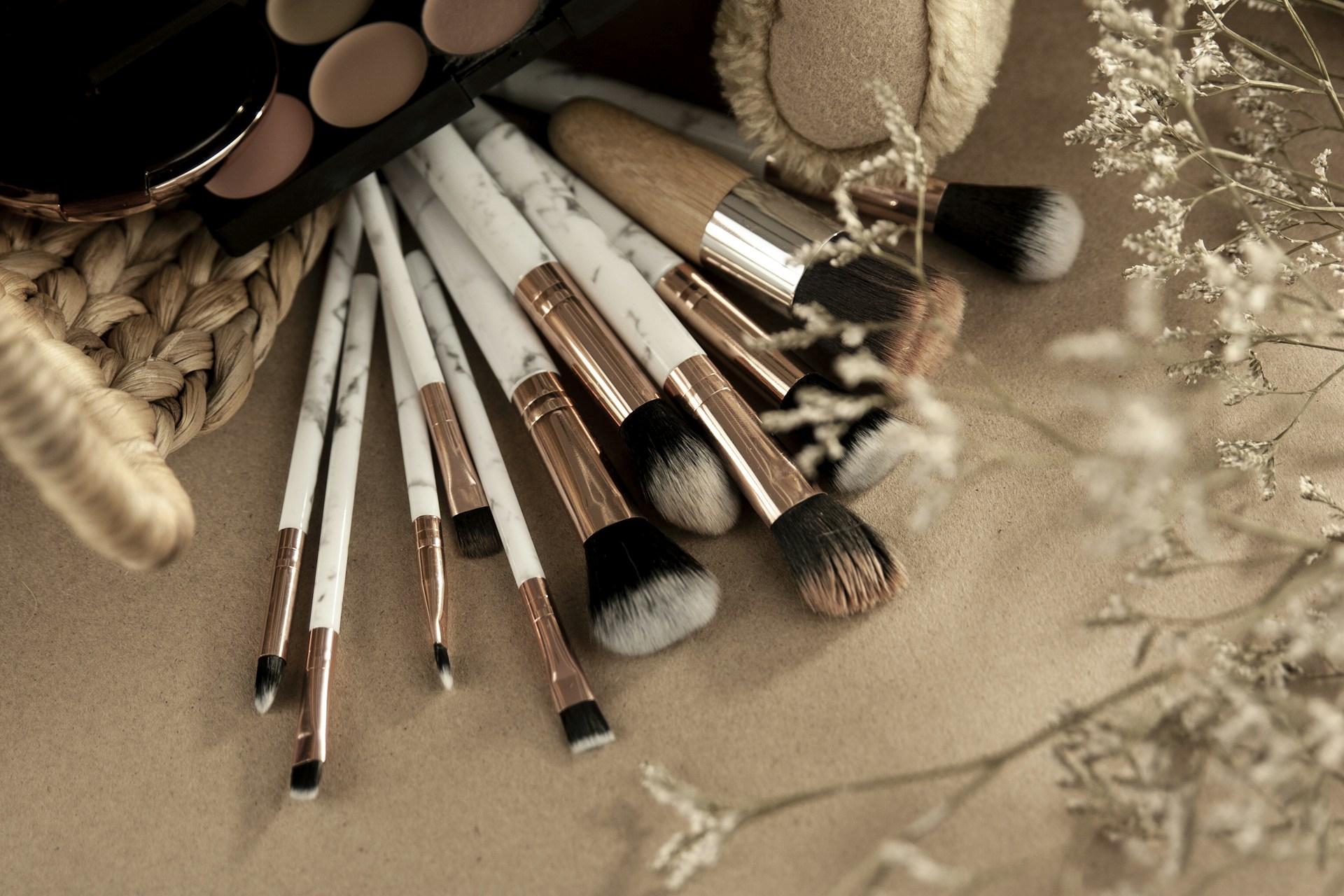 brown and white makeup brush set