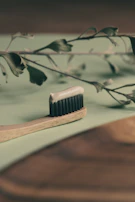 Natural wooden dental tools arranged neatly on a white surface with leaves.