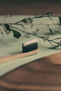 A wooden toothbrush with black bristles is placed on a soft green surface with a small amount of toothpaste on it. In the background, there are delicate branches with leaves, creating a natural and rustic ambiance.