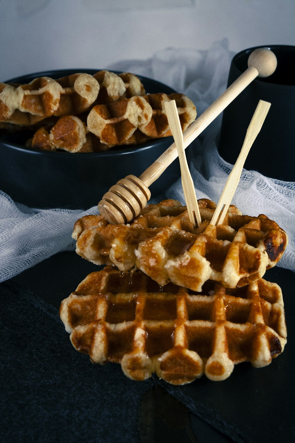 waffle on black ceramic bowl