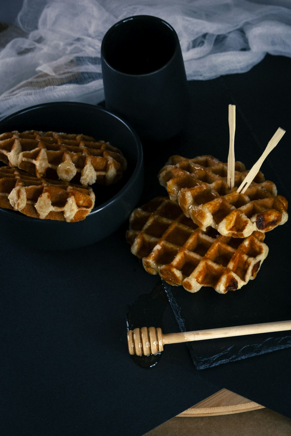 waffle on black ceramic plate