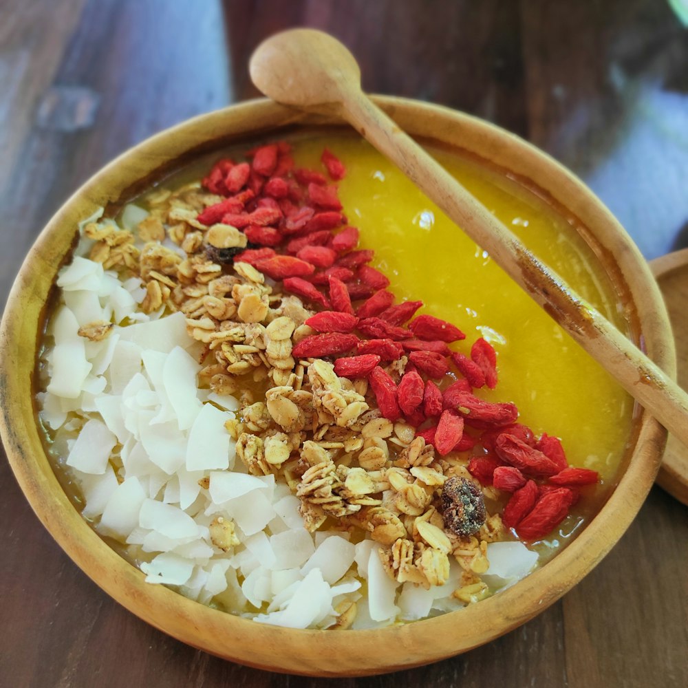 rice on brown wooden bowl