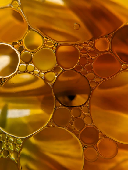 Macro view of golden oil bubbles floating in water with warm amber tones