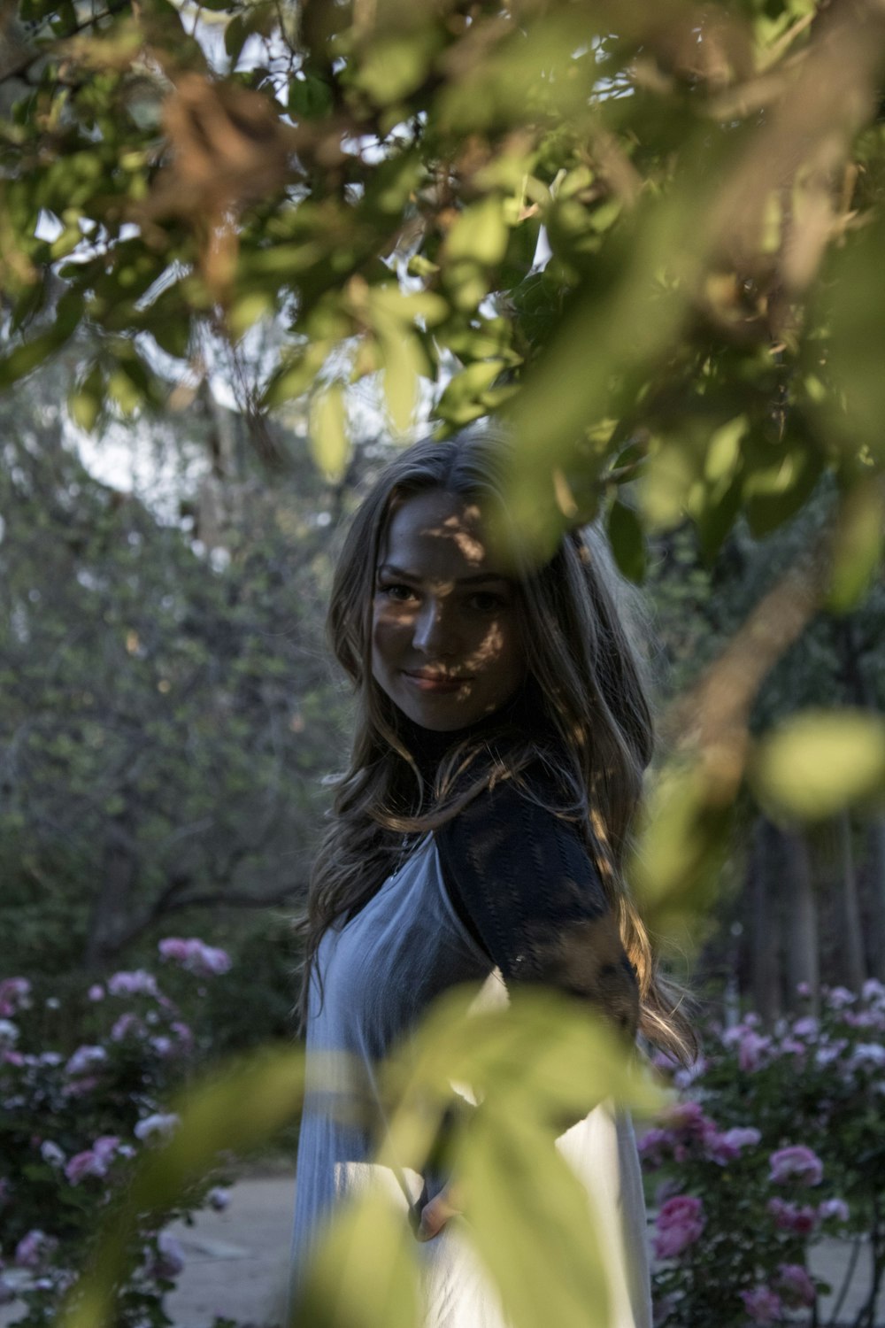 woman in blue shirt standing under green tree during daytime