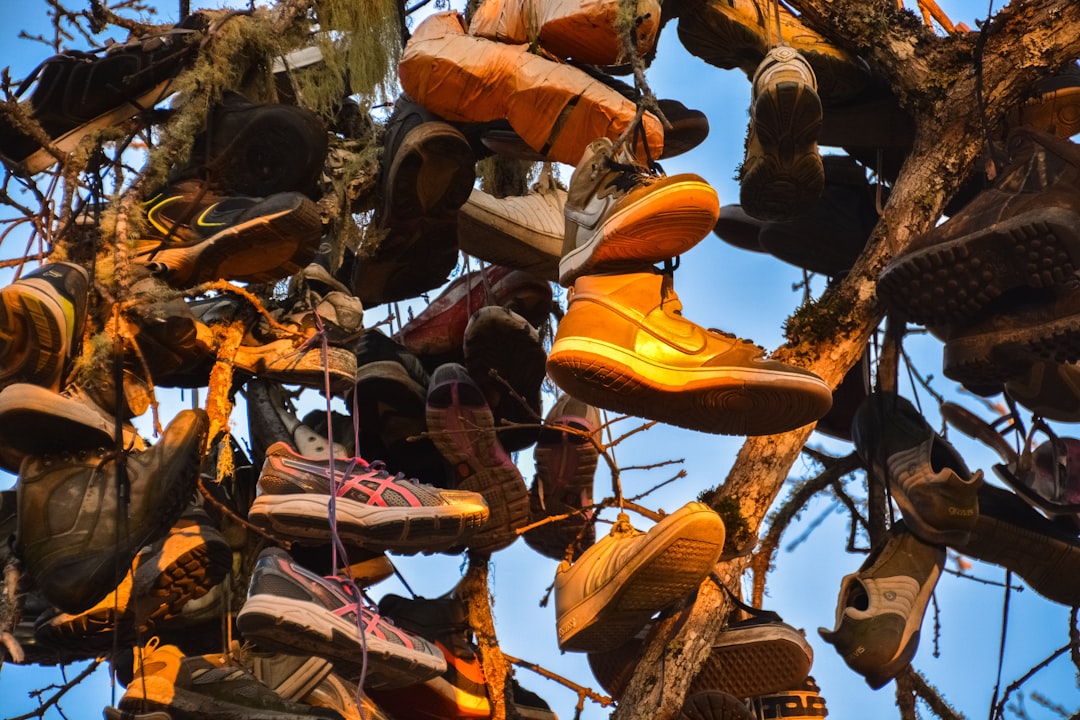 brown leather work boots on brown tree branch