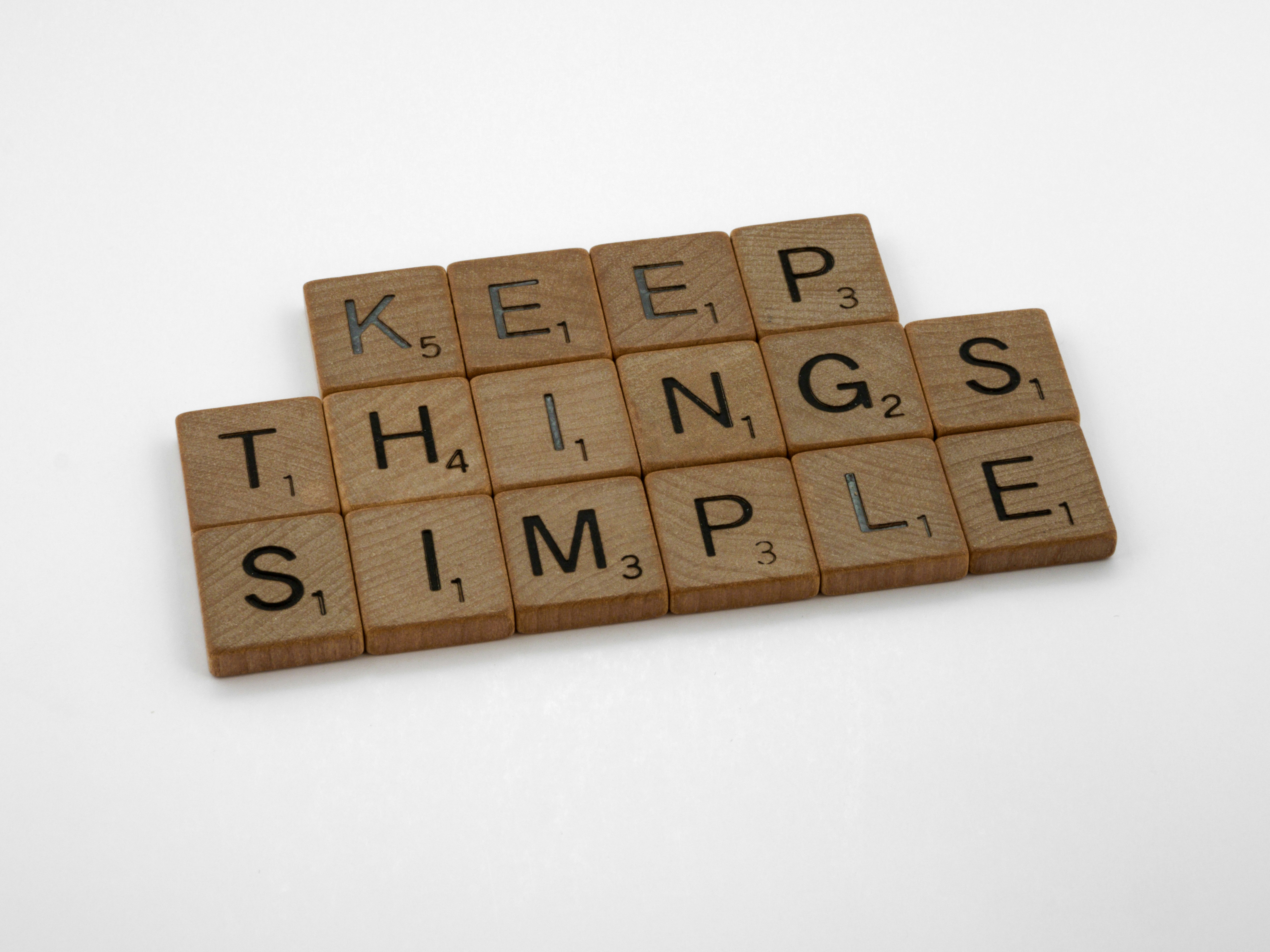 scrabble, scrabble pieces, lettering, letters, wood, scrabble tiles, white background, words, quote, letters, type, typography, design, layout, focus, bokeh, blur, photography, images, image, keep things simple, simplify, complexity, clutter, muddle, clear thinking, problem solving, secret of success, kiss, keep it simple stupid, occam razor, occam, 