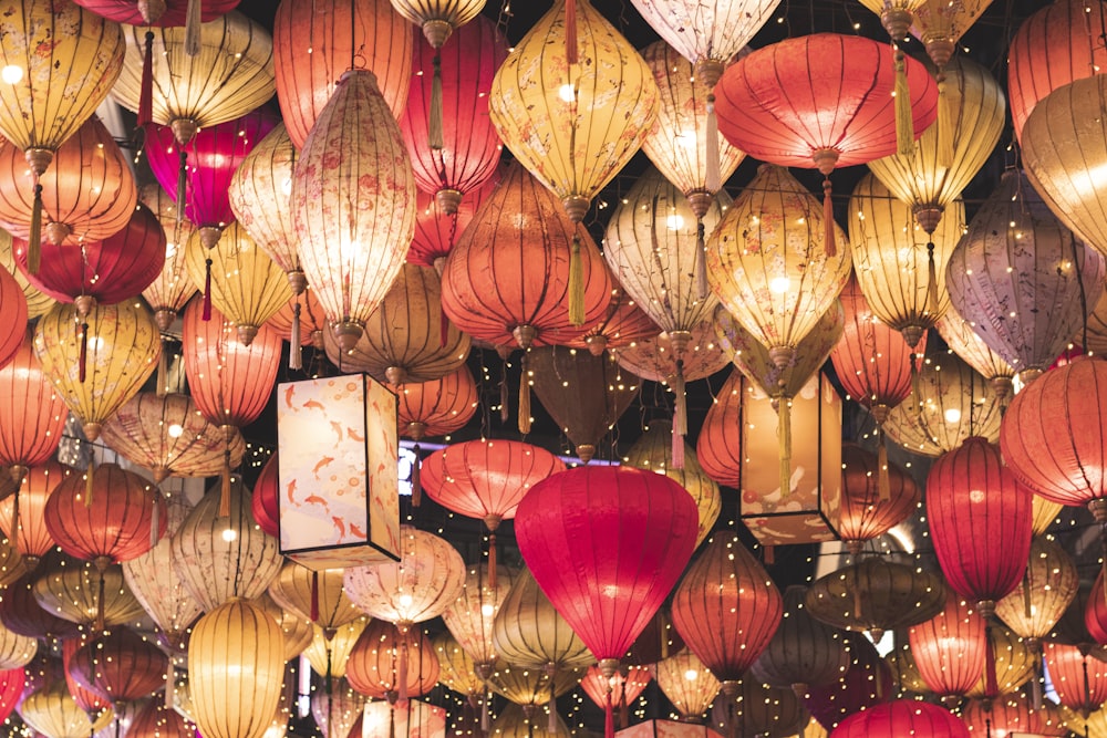 brown paper lantern hanging on ceiling