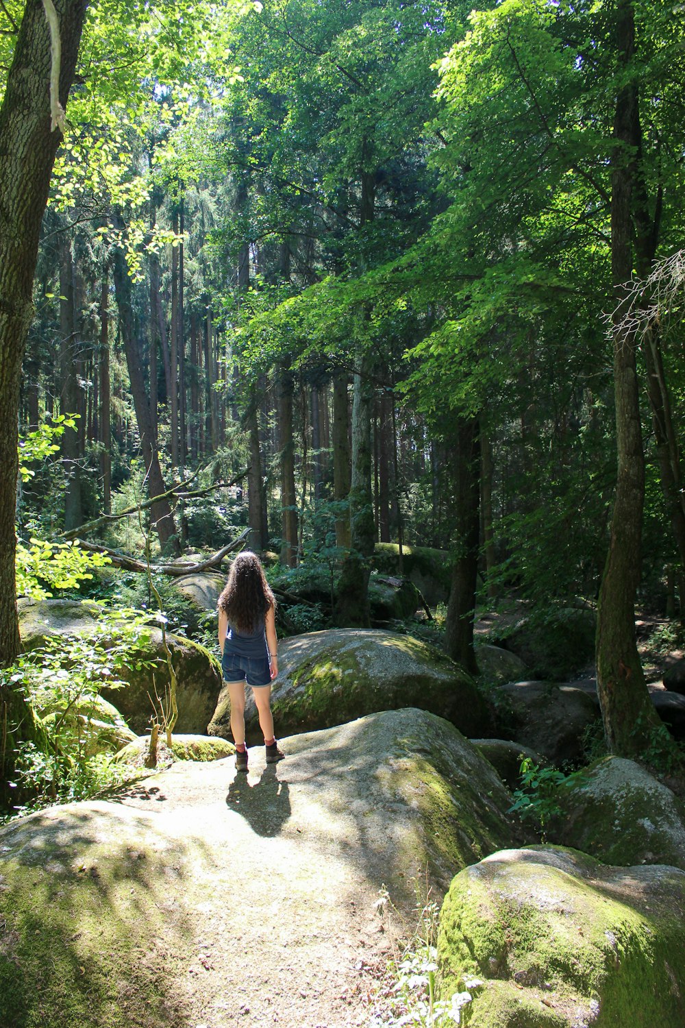 woman in black shirt and blue denim shorts standing on rock in the middle of forest
