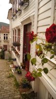 Historic architecture framed by blooming flowers in a charming domestic town.