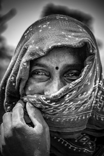grayscale photo of woman wearing hijab