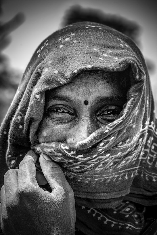 grayscale photo of woman wearing hijab