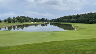 A serene landscape featuring a golf course with well-maintained green lawns and a small lake reflecting the surrounding trees and cloudy sky. Trees line the edges of the course, and the atmosphere is calm and peaceful.