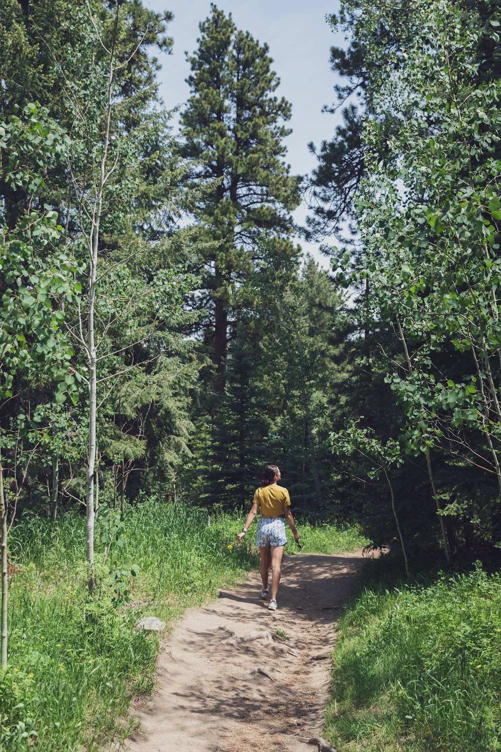 man in yellow t-shirt and brown shorts walking on pathway surrounded by green trees during