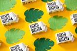 Several boxed water cartons are arranged on a bright yellow background. Green leaf cutouts are scattered around the cartons, creating a vibrant and eye-catching pattern.