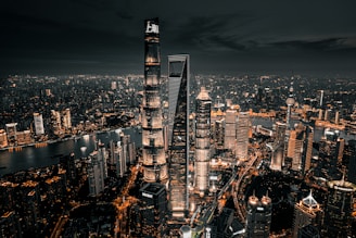 aerial view of city buildings during night time