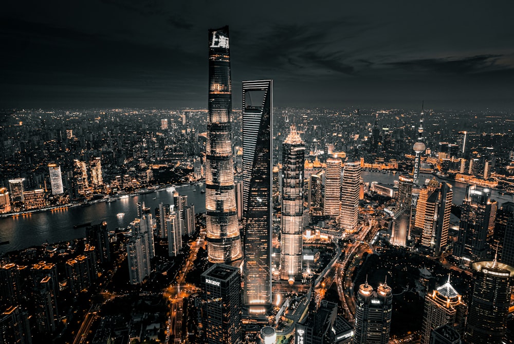 aerial view of city buildings during night time