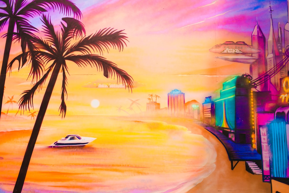 white and black car on road near palm trees painting