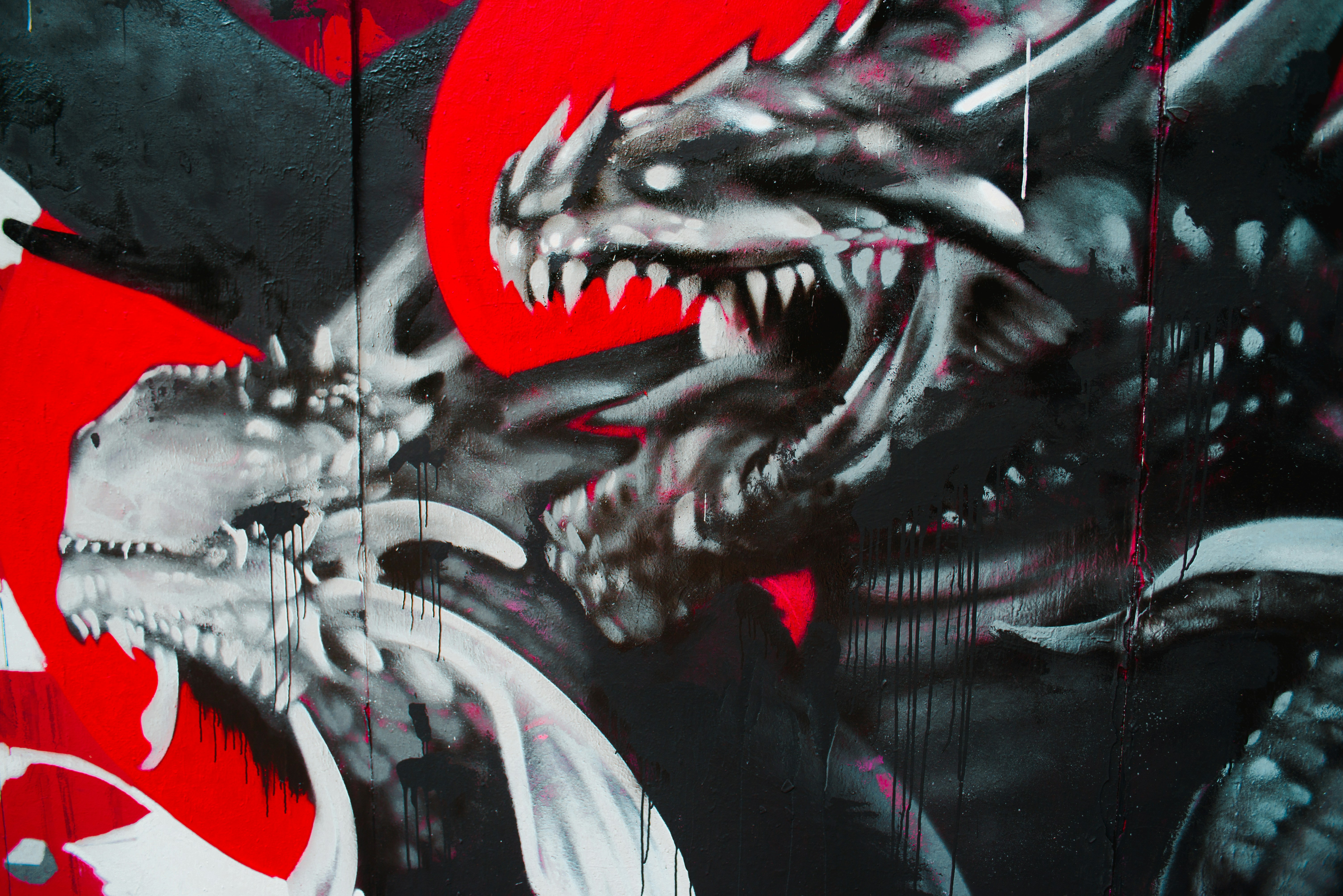 black white and red abstract painting