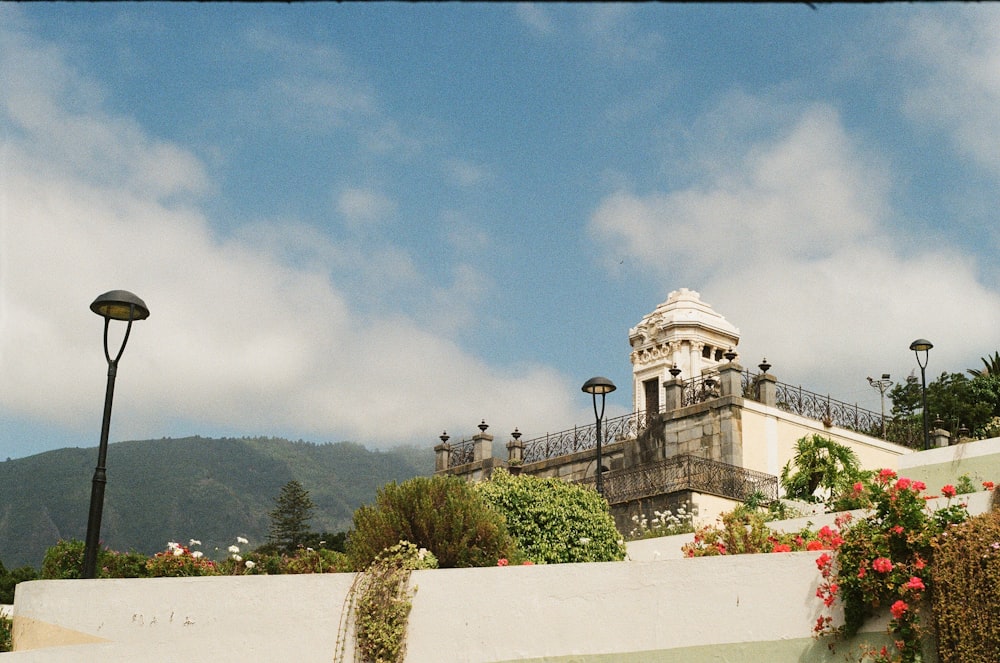 white and brown concrete building near green trees under blue sky during daytime