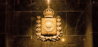 A professional lawyer's office with legal books and a shield emblem on the wall.