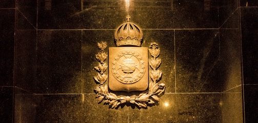 A professional lawyer's office with legal books and a shield emblem on the wall.