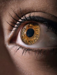 Extreme close-up of a human eye with a golden brown iris and dark lashes