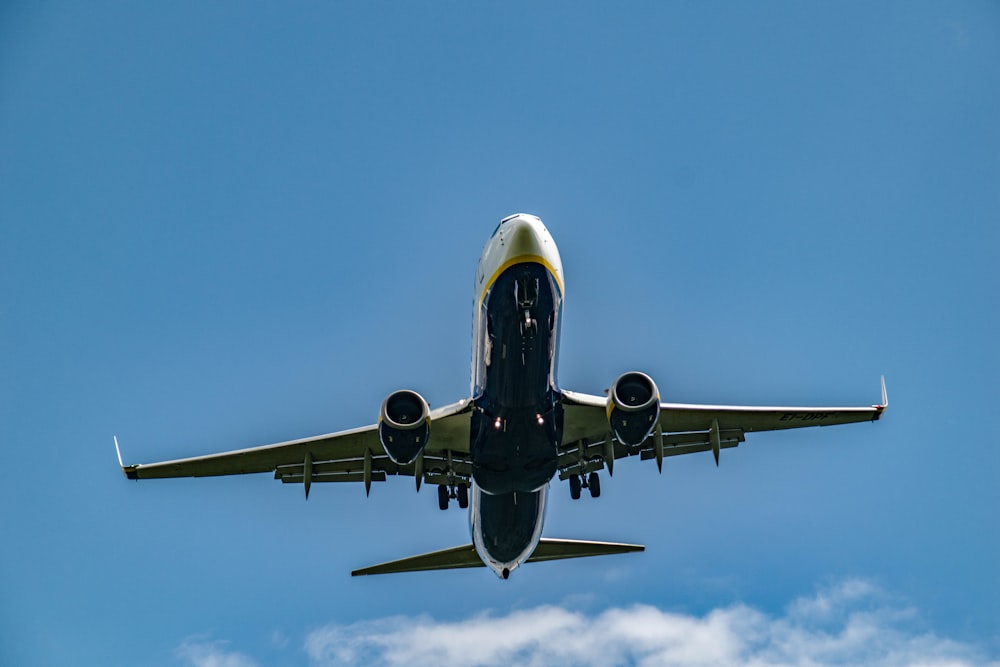 white and blue airplane in mid air during daytime