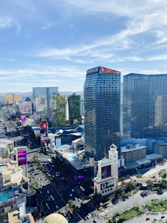An aerial view of a bustling urban area with skyscrapers.
