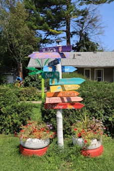 A colorful signpost in a garden setting with multiple arrows pointing in different directions, each labeled with whimsical destinations. The signpost is surrounded by lush green foliage and two painted tire planters filled with vibrant red and purple flowers. A house with a gray roof is visible in the background among tall trees.
