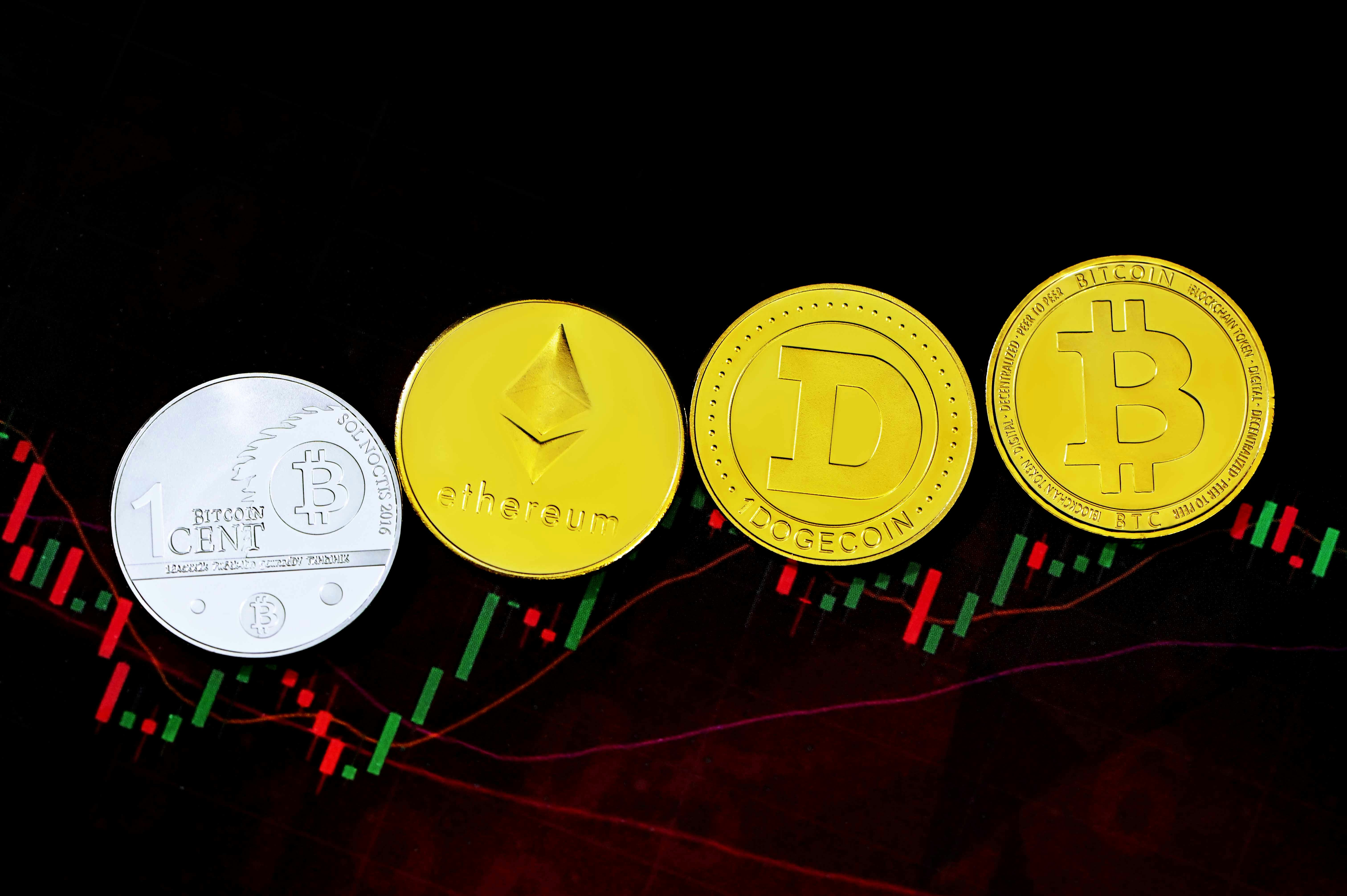 Cryptocurrency coins placed on trading chart