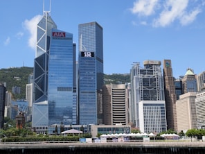 white and blue high rise building