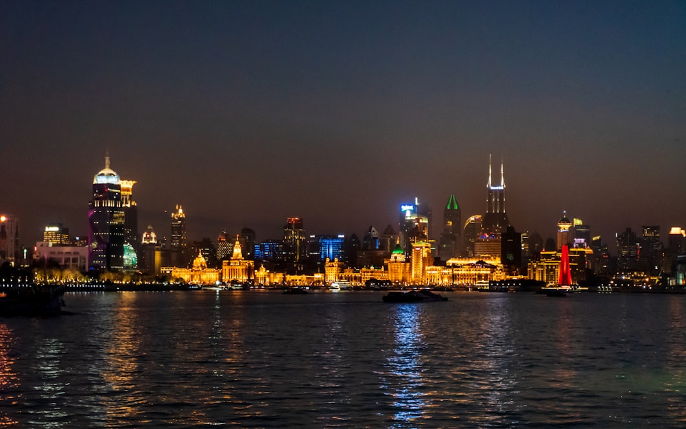 city skyline during night time