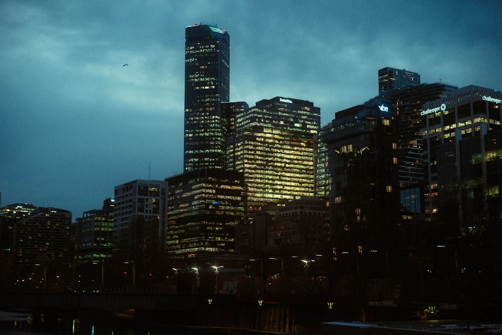 city skyline during night time