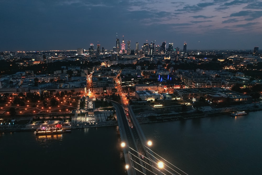 city skyline during night time