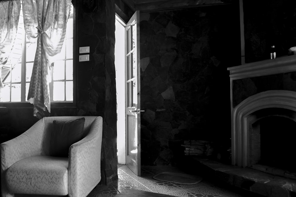 grayscale photo of living room