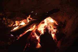 A close-up of a campfire with glowing embers surrounded by camping gear and a steaming cup.